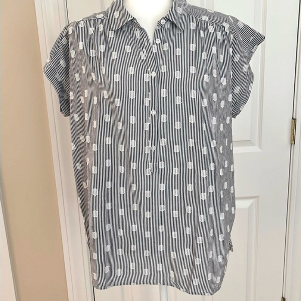 LOFT blue and White Short-Sleeve Button Front Blouse